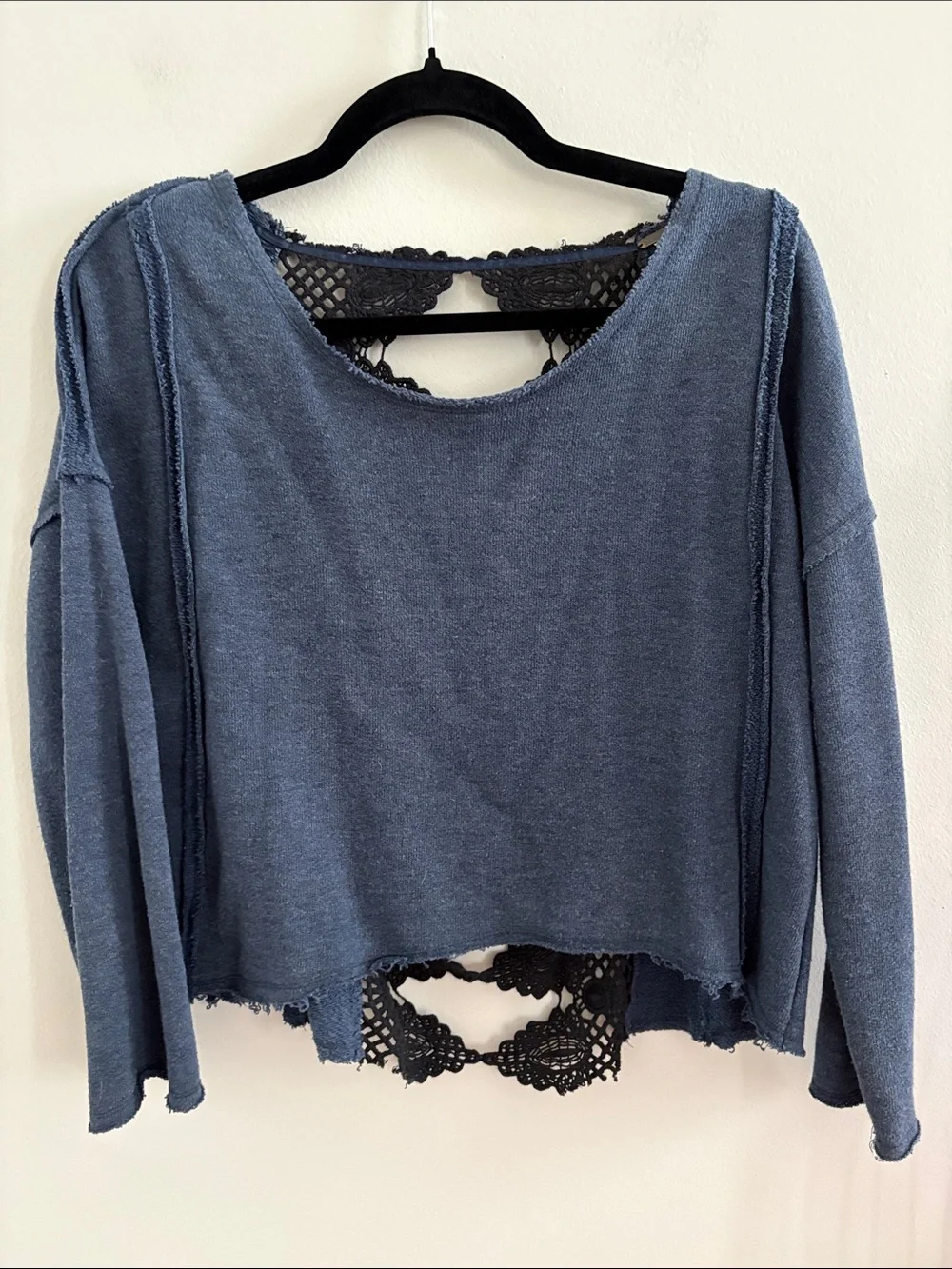 Free People Blue Long-Sleeve Lace-Back Boxy Sweatshirt